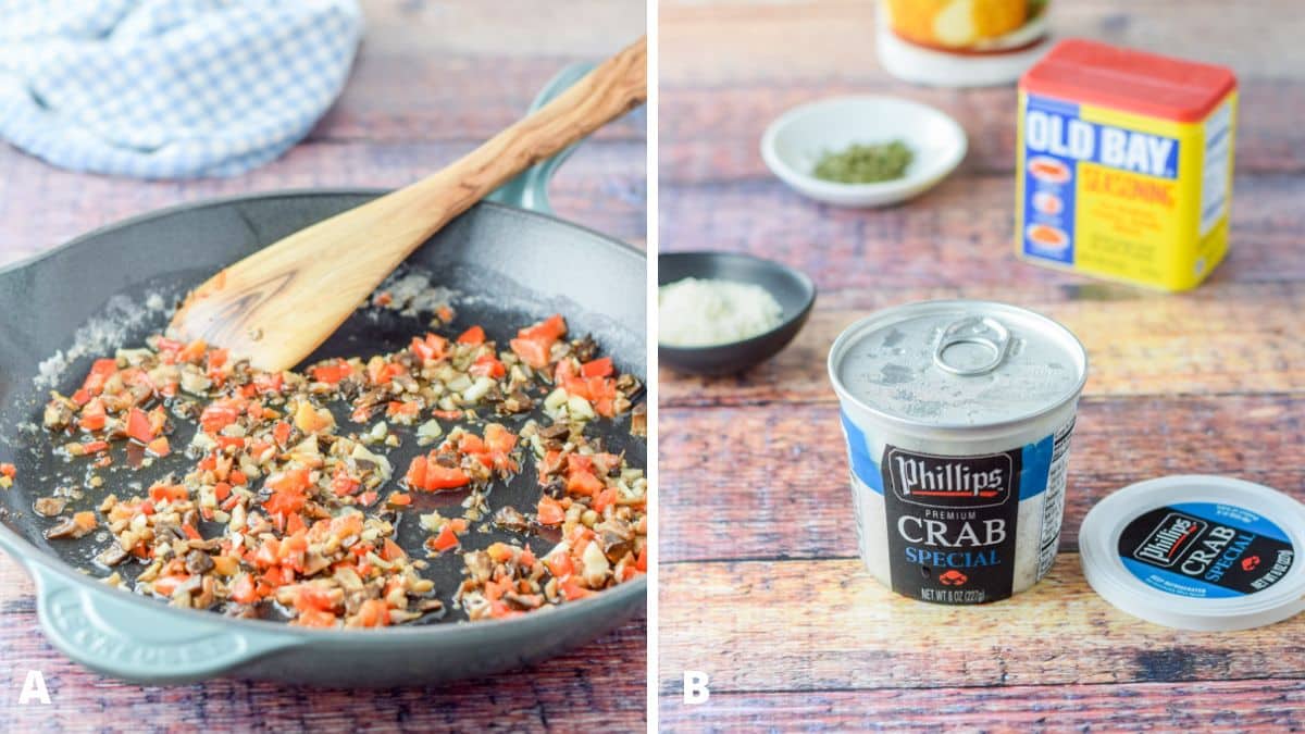 Left - bell pepper and mushroom stems cooked in a pan. Right - crab meat, old bay seasoning, herbs, and other ingredients