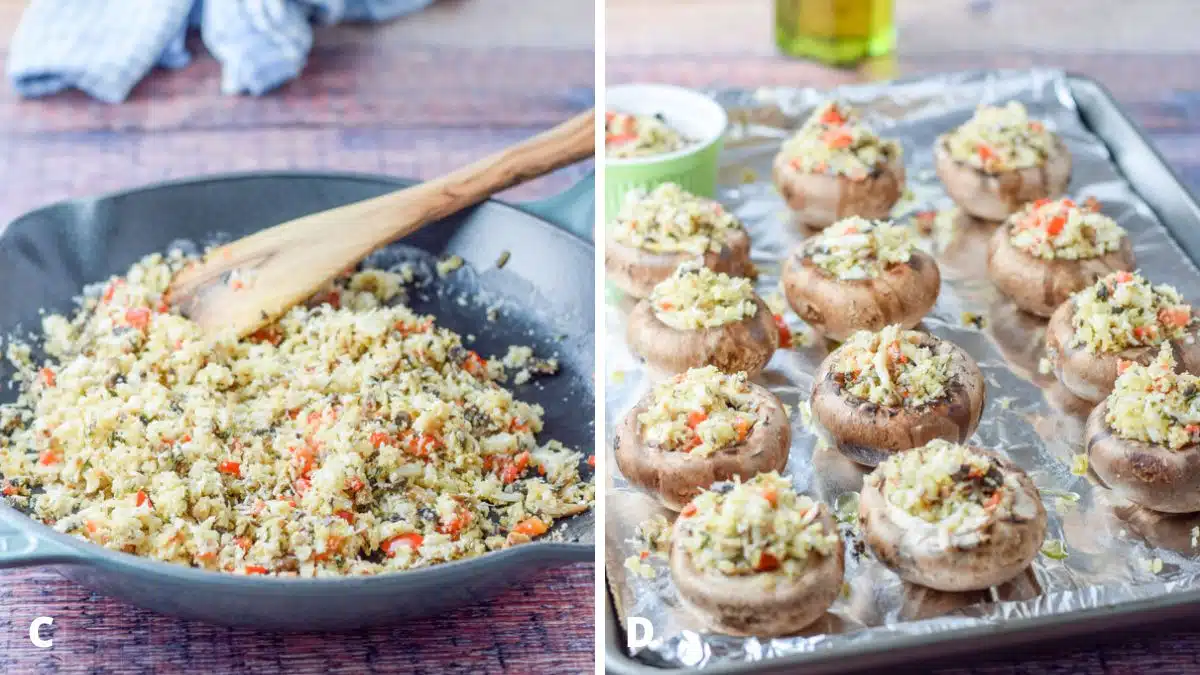 Left - A cast iron pan with crab stuffing and a wooden spoon. Right - stuffed mushroom caps on a foil lined pan