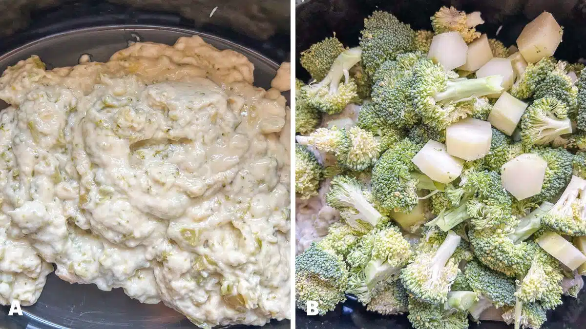 Left - cream of broccoli soup added to the container. Right - cut up broccoli added to the soup