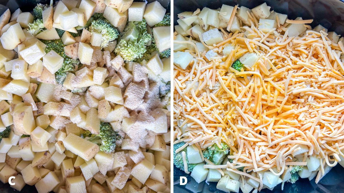 Left - potatoes, garlic powder, onion powder, salt, and milk added. Right - cheese, and butter added on top