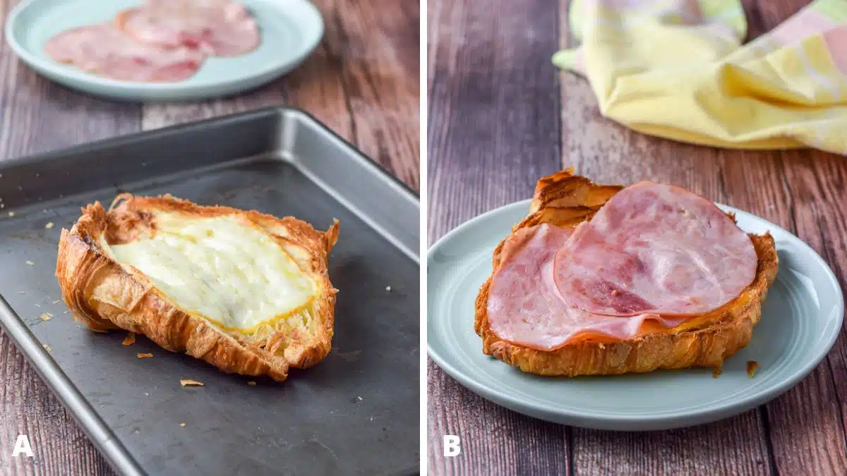 Left - a pan with a croissant and cheese melted on it with ham in the back. Right - ham added to the croissant