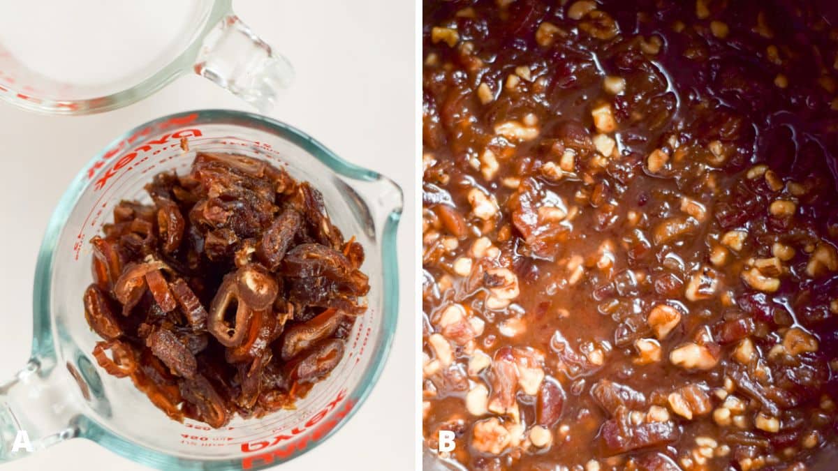 Left - Overhead view of cut up dates in a glass measuring cup and sugar in another. Right - Overhead view of the dates, sugar, water and nuts thickened in a pan