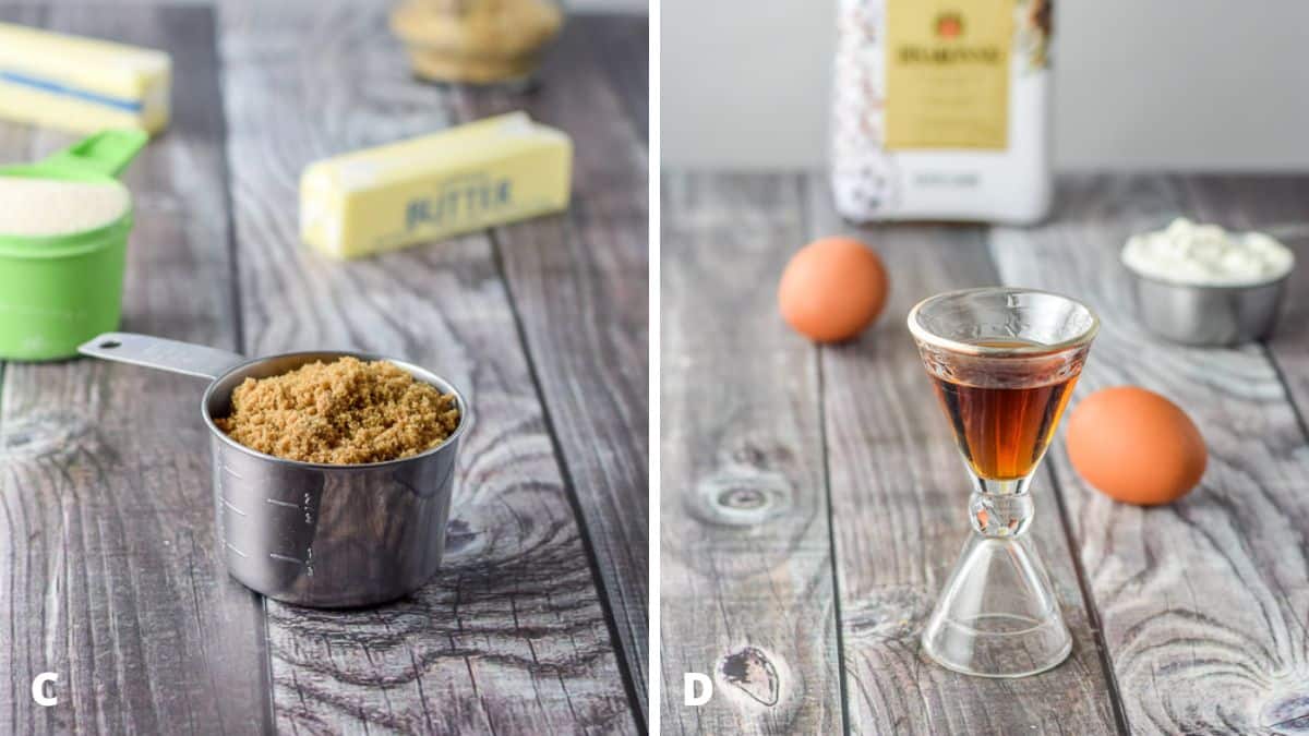 Left - Brown sugar, cane sugar, butter and nuts on a grey table. Right - Amaretto, eggs and sour cream on a grey table