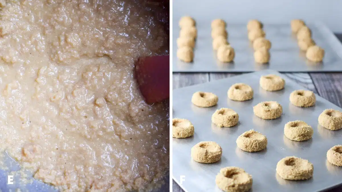 Left - Overhead view of all the wet ingredients mixed in a bowl. Right - A cookie sheet with rolled balls of dough with thumbprints in it with another sheet with cookie balls on it