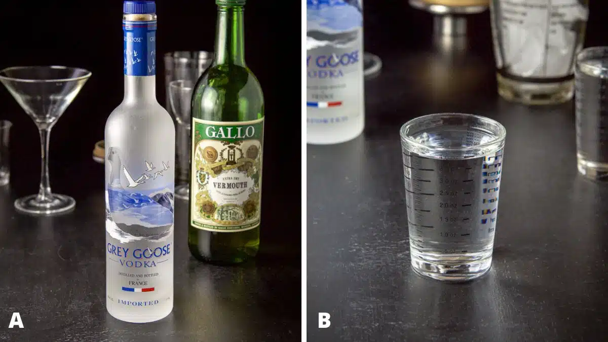 Left - vodka, dry vermouth, and brine with glasses on a table. Right - vodka measured out