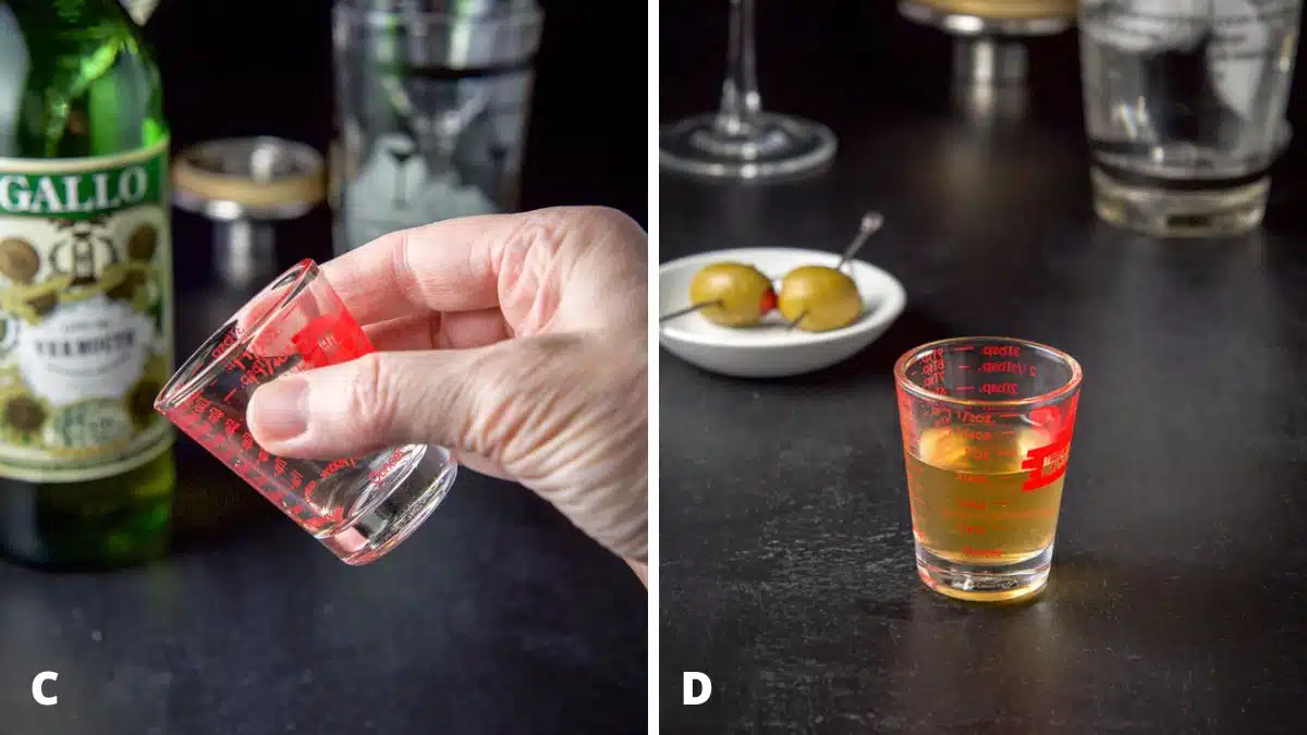 Left - a hand holding a little shot glass with vermouth in it. Right - brine measured out with two olives in the back