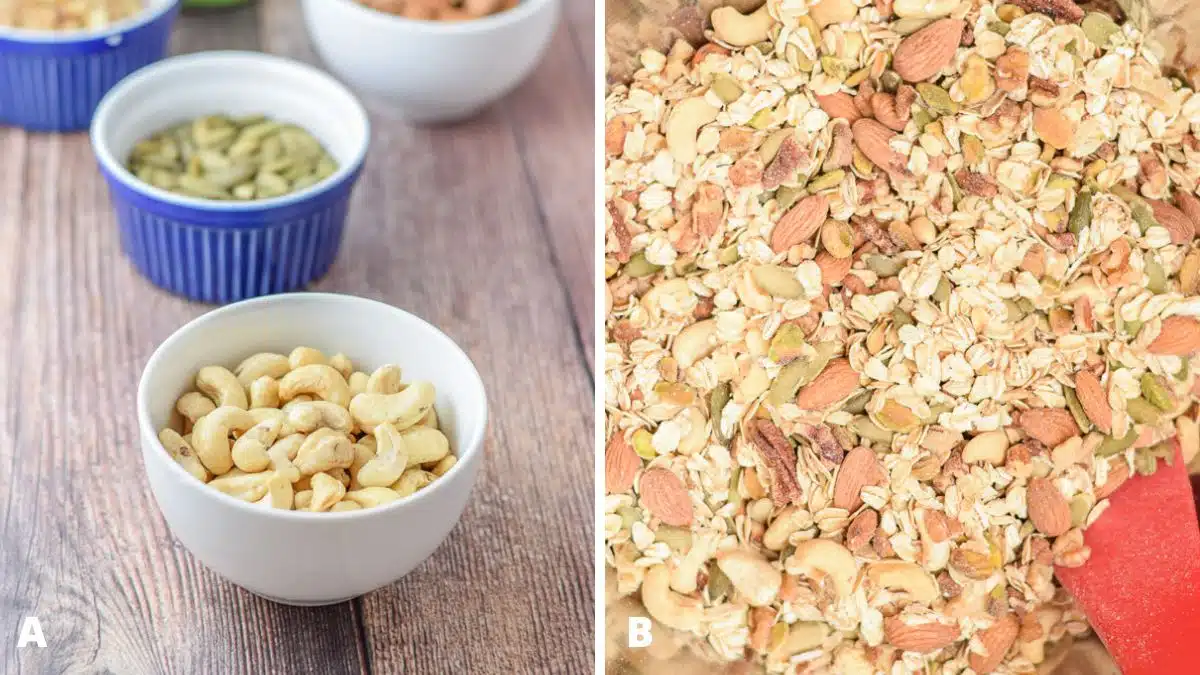 Left - Bowls of cashews, almonds, pistachios, pecans, walnuts and pumpkin seeds. Right - All the nuts and seeds in a metal bowl with rolled oats