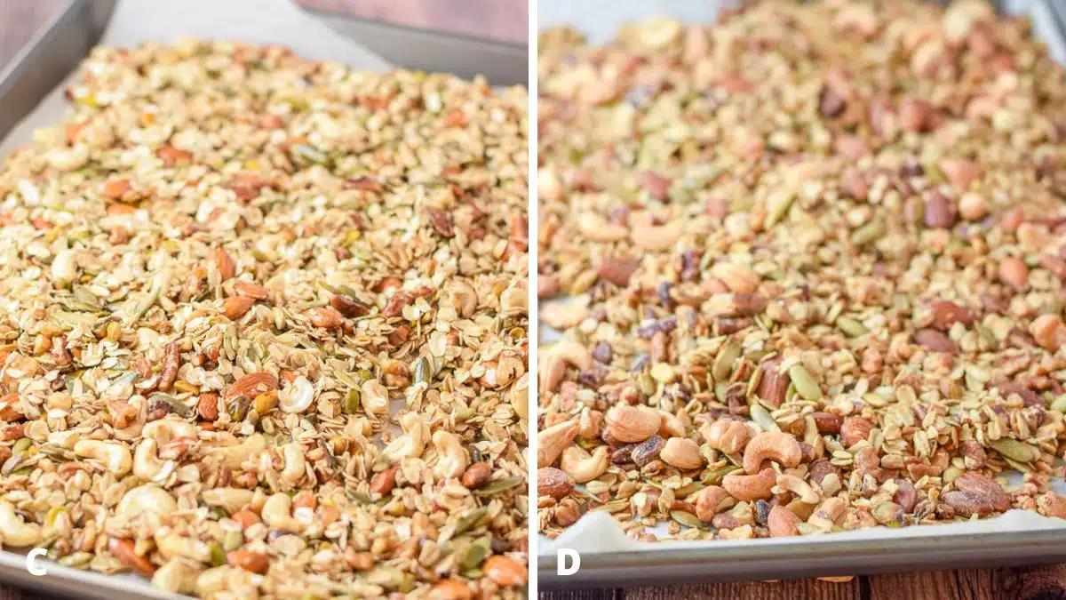Left - A parchment paper lined jelly roll pan with raw granola spread on it. Right - The pan of granola out of the oven and on the table