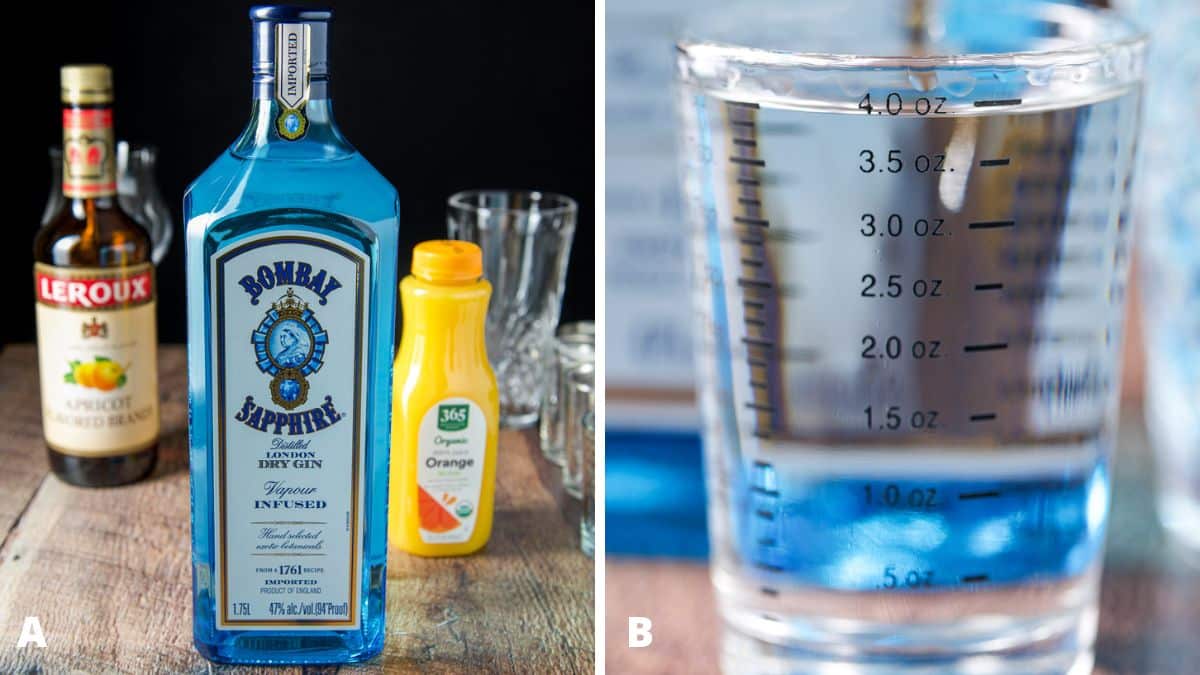 Left - gin, orange juice, and apricot brandy on a table with glasses. Right - gin measured out
