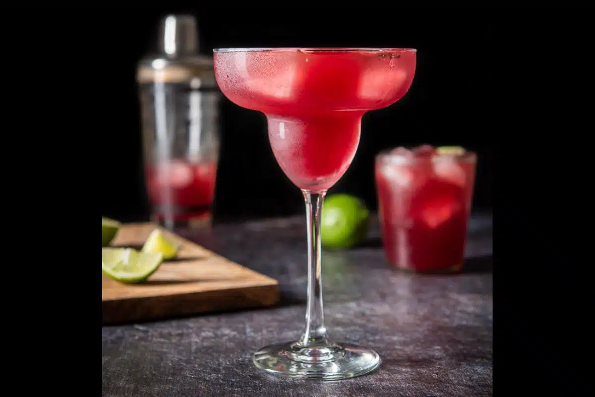 A tall classic margarita glass filled with red margarita with a shorter glass in the back