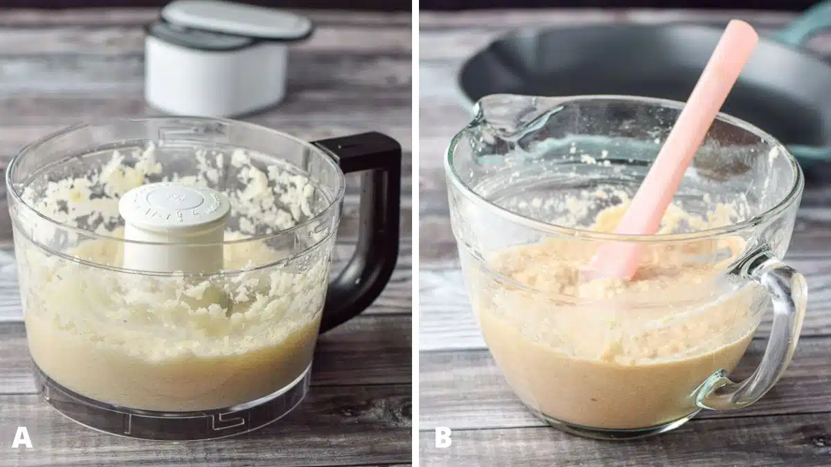 Left - a food processor container with shredded potatoes in it. Right - the pancake ingredients mixed together