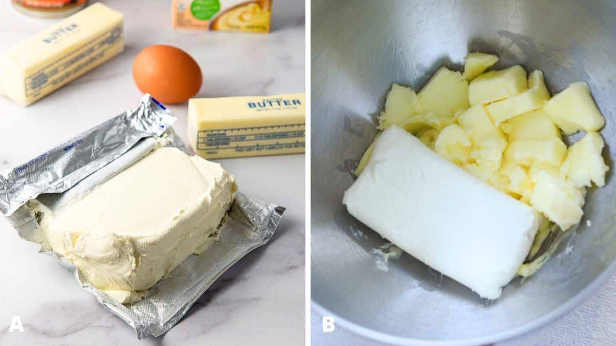 Butter and cream cheese on a table, and then in the mixer