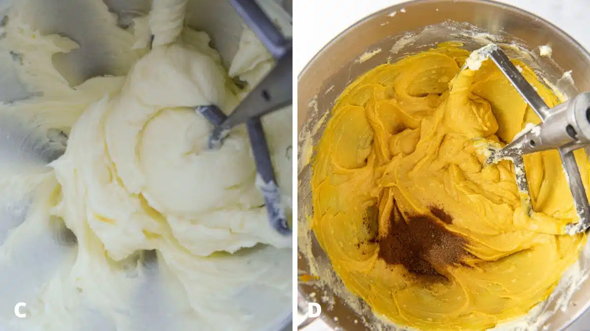 Left - cream cheese and butter mixed in mixer. Right - pumpkin mixed in and spices added