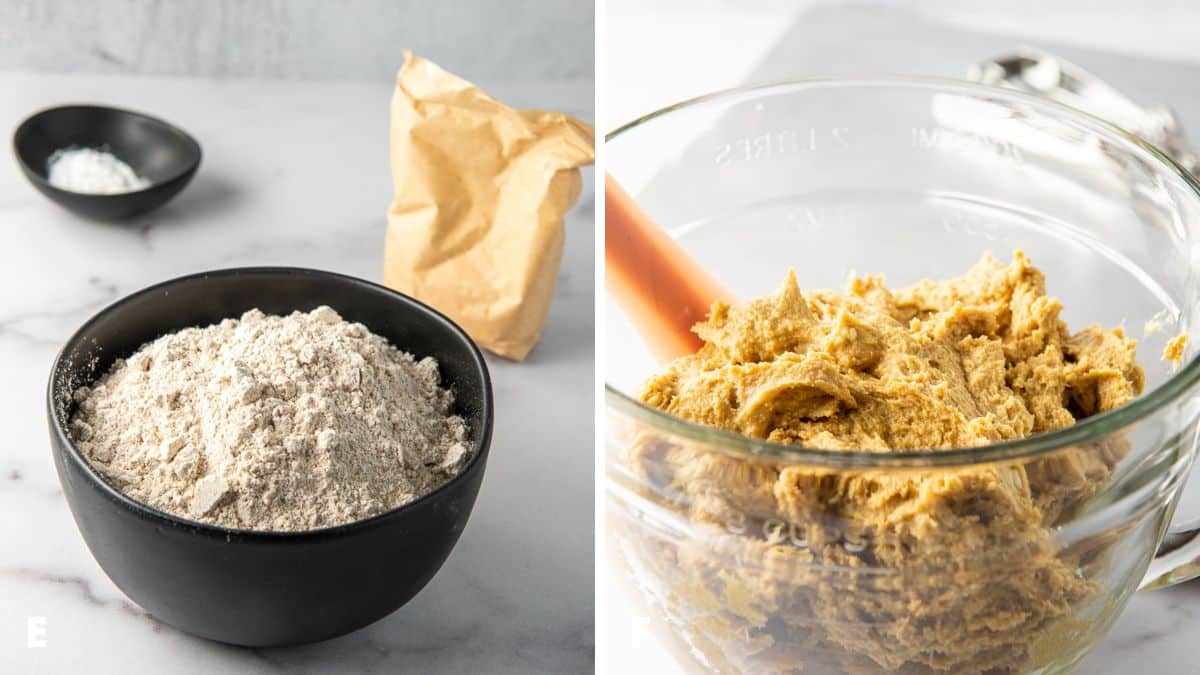 Left - Spelt flour, baking powder, salt and the package of pudding mix for the cookies. Right - A glass bowl filled with pumpkin cookie dough with a cookie sheet and scoop behind it