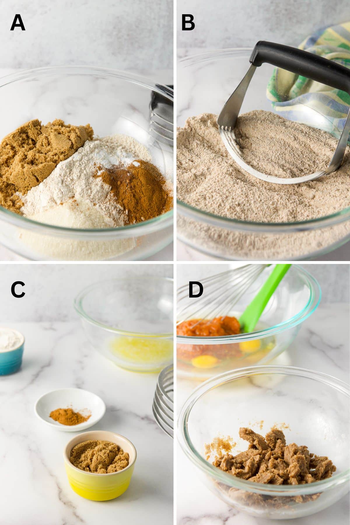 Dry ingredients mixed in a glass bowl. There is also the ingredients for the crumble and the mixing of it in the bowl