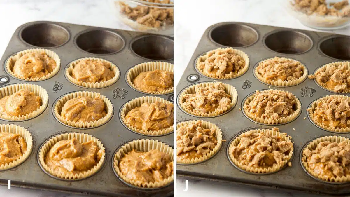 A muffin pan with muffin batter in it and then with crumbles added