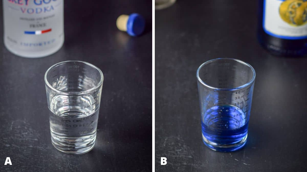 Vodka and blue curacao measured out