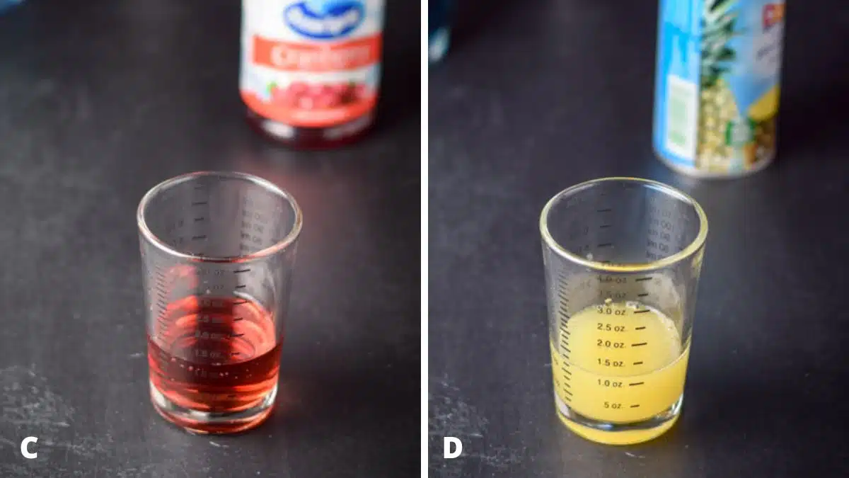 Cranberry juice and pineapple juice measured out