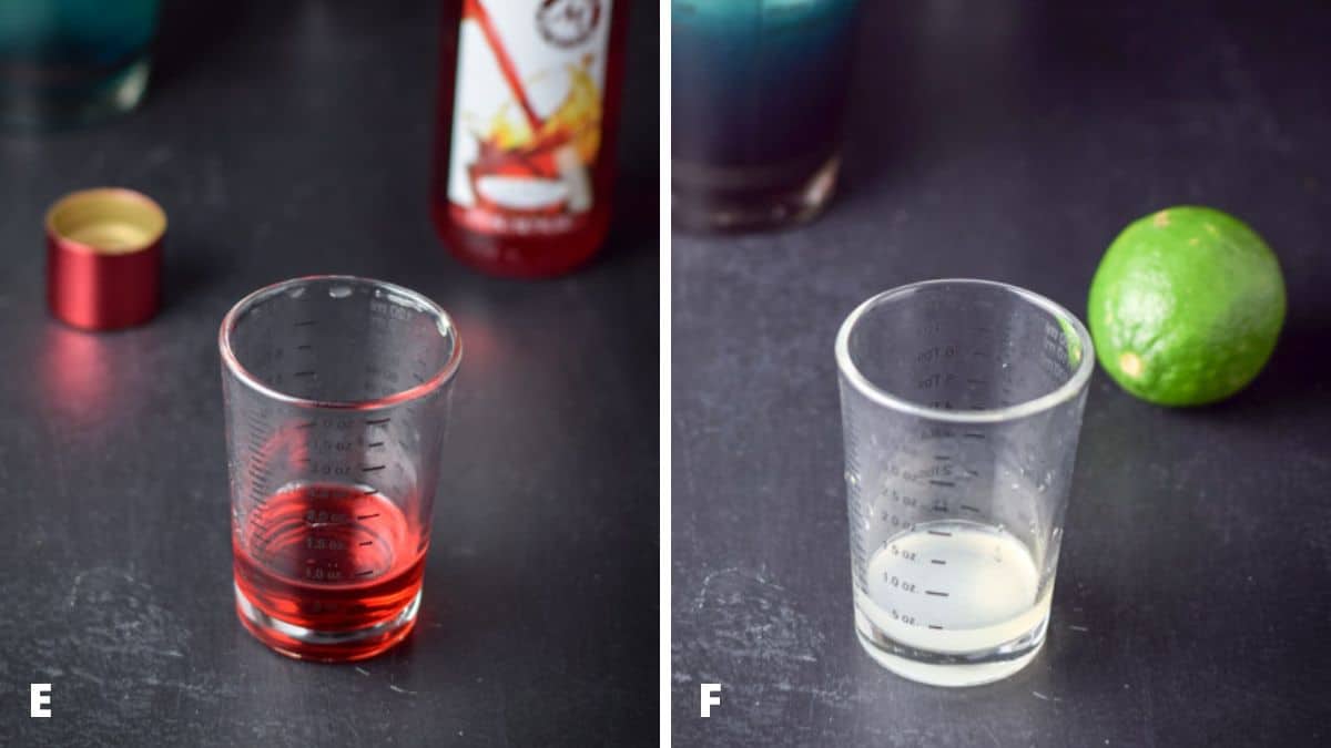 Grenadine and lime juice measured out
