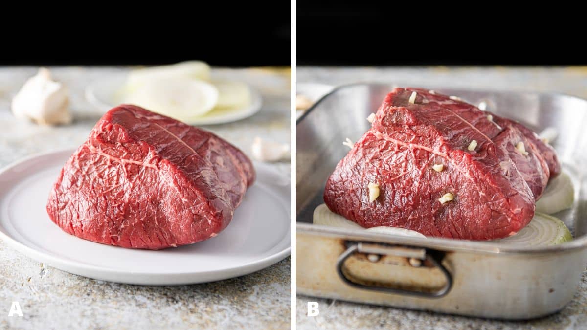 Left - Round roast on a plate with onions and garlic in the background. Right - Garlic pushed in the slits of beef and in the pan