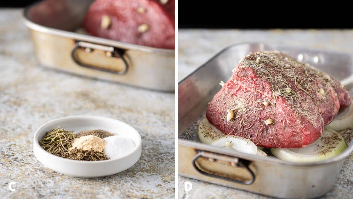 Left - Herbs and spices on a plate with the roast in the pan. Right - Herbs and spices on the beef and in the pan with onions