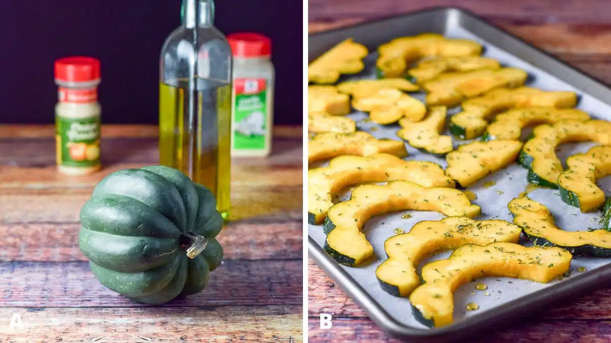Left - Acorn squash, olive oil, onion powder and garlic powder on a wooden table. Right - Sliced acorn squash herbed up and laid out on a pan with parchment paper and dribbled with maple syrup
