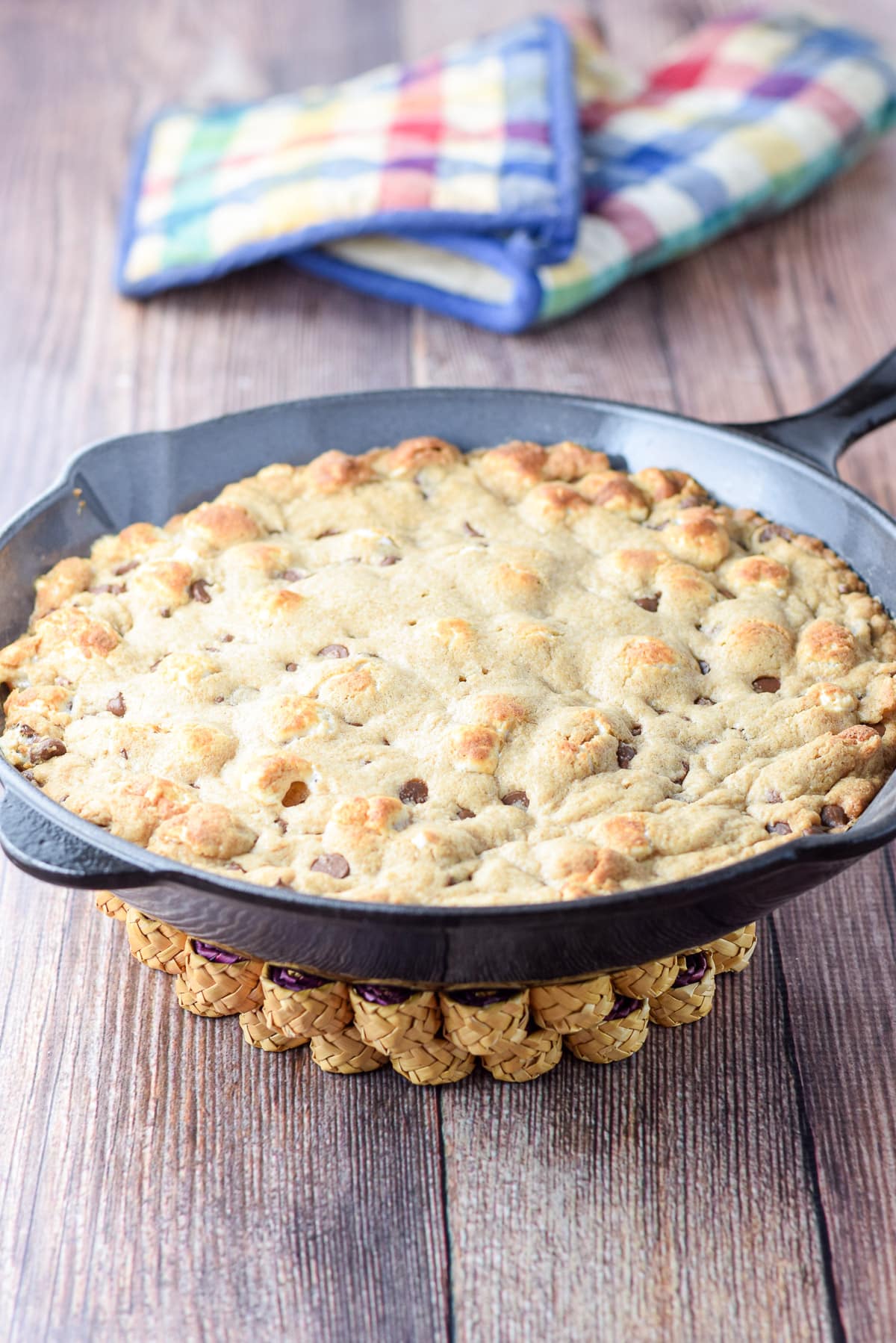 toasted marshmallow chocolate chip skillet cookie fresh out of the oven