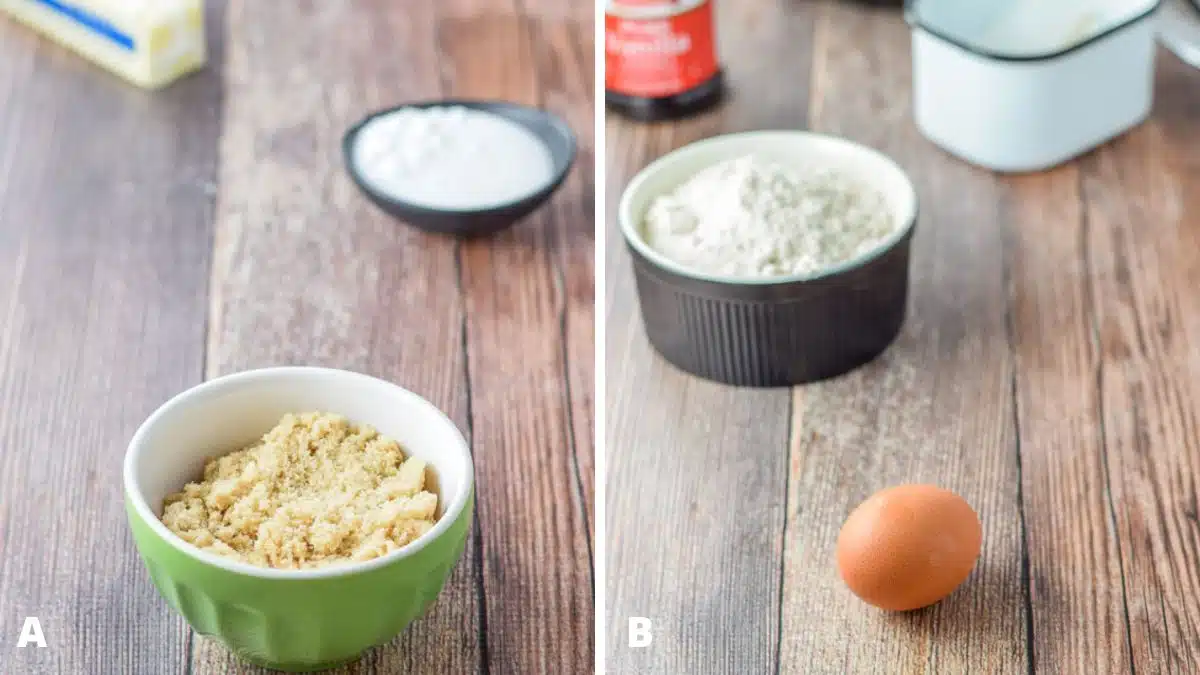 Left - brown sugar, white sugar, and butter on a table. Right - egg, flour, salt, and vanilla on a table
