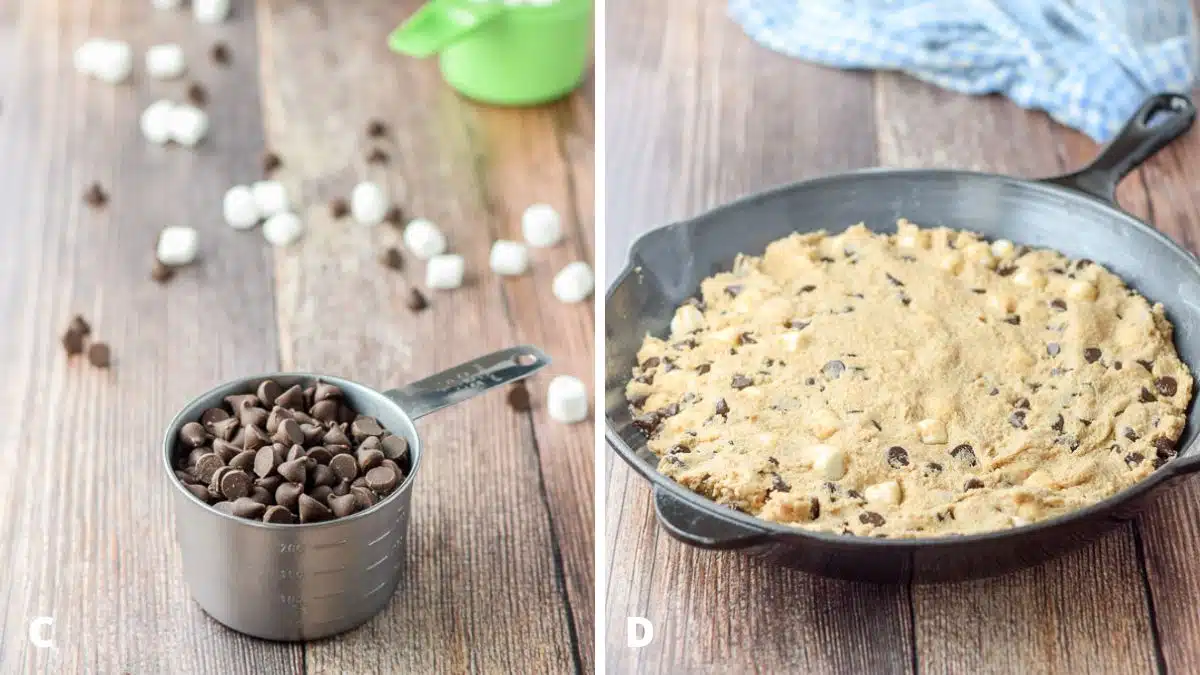 Left - chocolate chips and marshmallows on the table. Right - the cookie batter pressed in a skillet