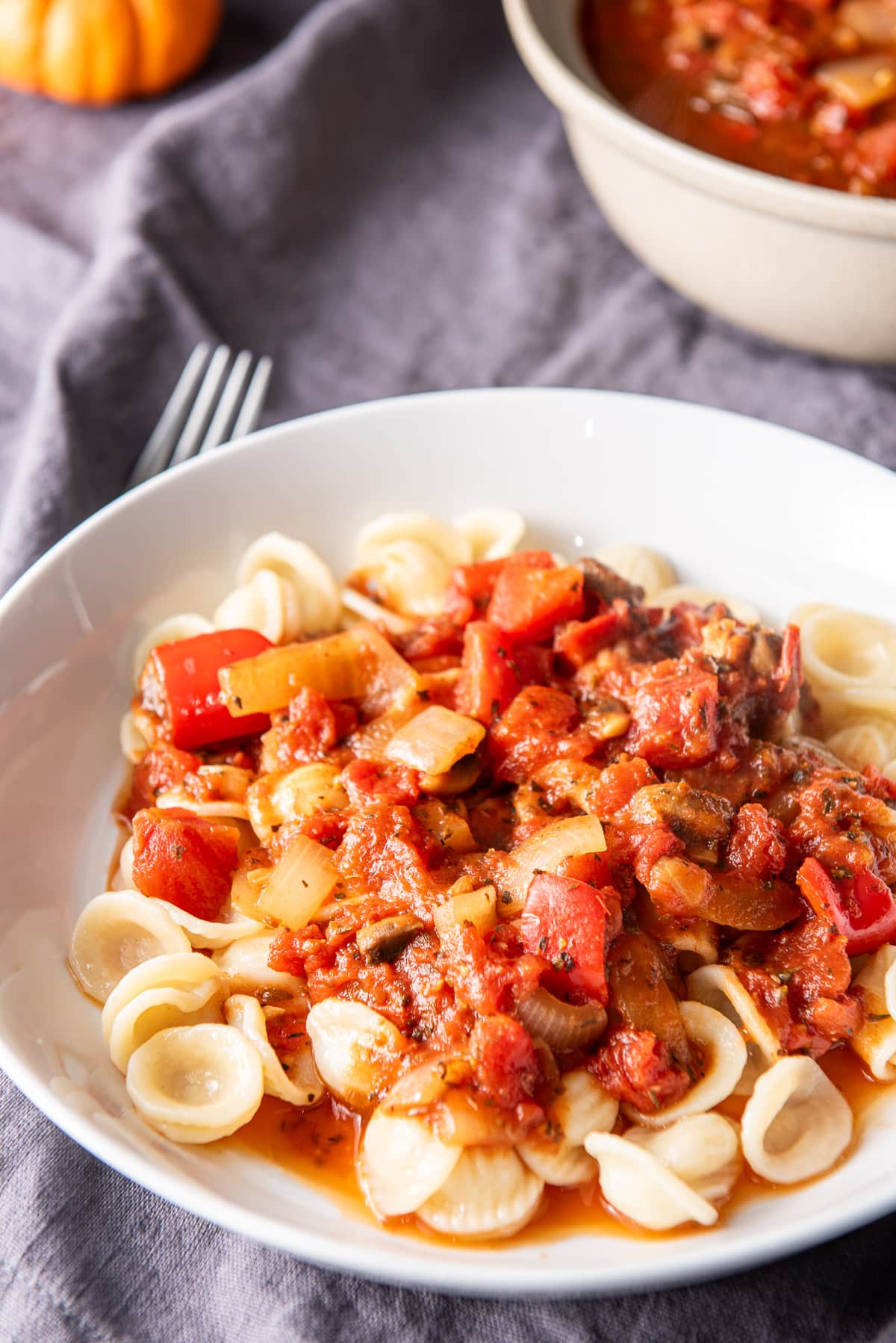 Closer view of the bowl with gravy on pasta. There is a grey napkin and fork in the background as well as the bowl of gravy