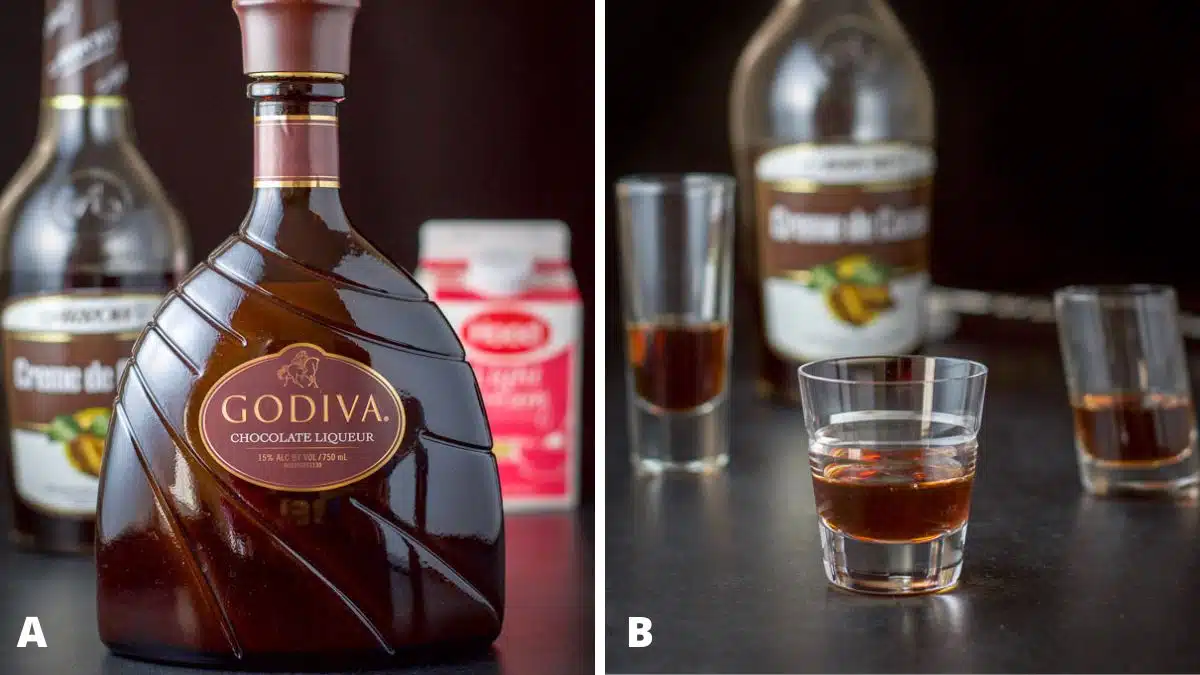 Left - Chocolate liqueur, creme de cacao and light cream for the shot. Right - creme de cacao measured out in the shot glasses