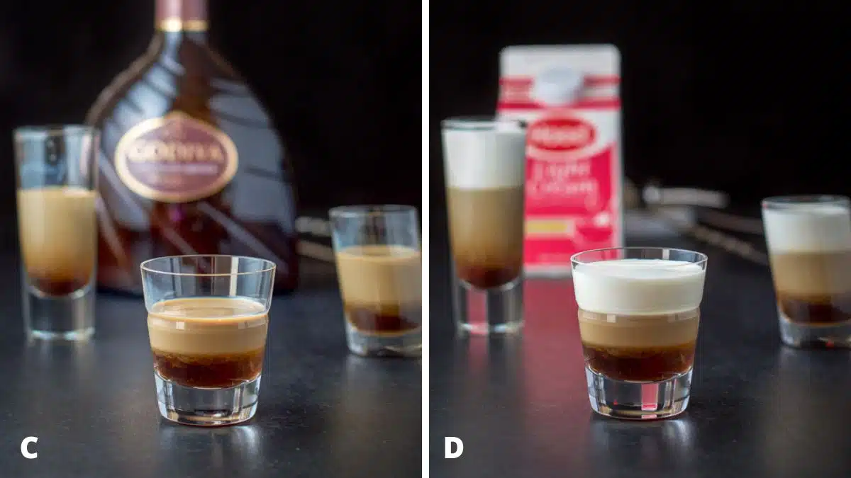 Left - chocolate liqueur layered in the glasses. Right - light cream layered in the glass over the other ingredients