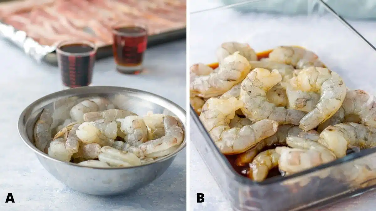 Left - Shrimp, maple syrup, soy sauce and bacon on a pan in the background. Right - deveined shrimp in a glass container with the marinade