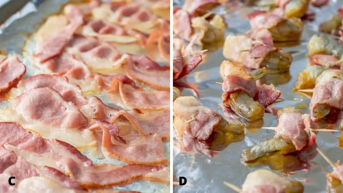 Left - Partially baked bacon on a foil wrapped pan. Right - Marinated raw shrimp wrapped in partially baked bacon on a foil lined pan