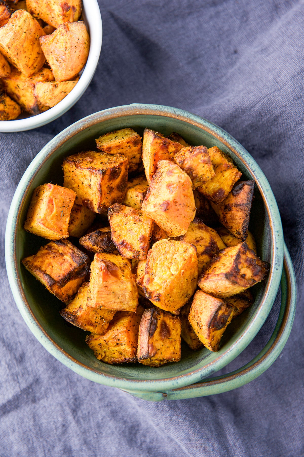 overhead view of the bowls of sweet potato cubes