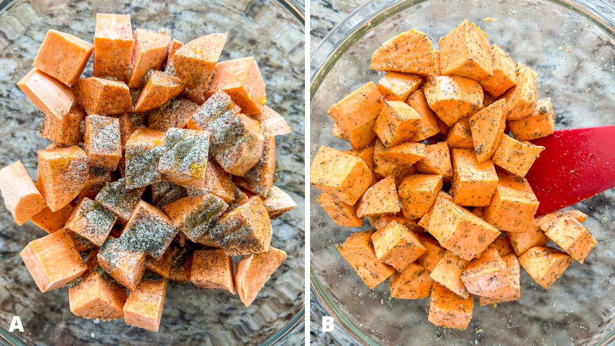 Left - chopped potatoes in a clear bowl with herbs and spices on it. Right - the potatoes and herbs and spices mixed together