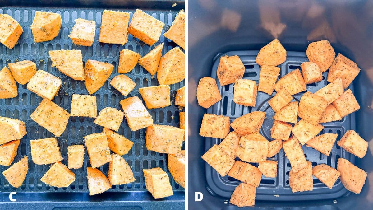 Potatoes on the tray type of air fryer and a basket type