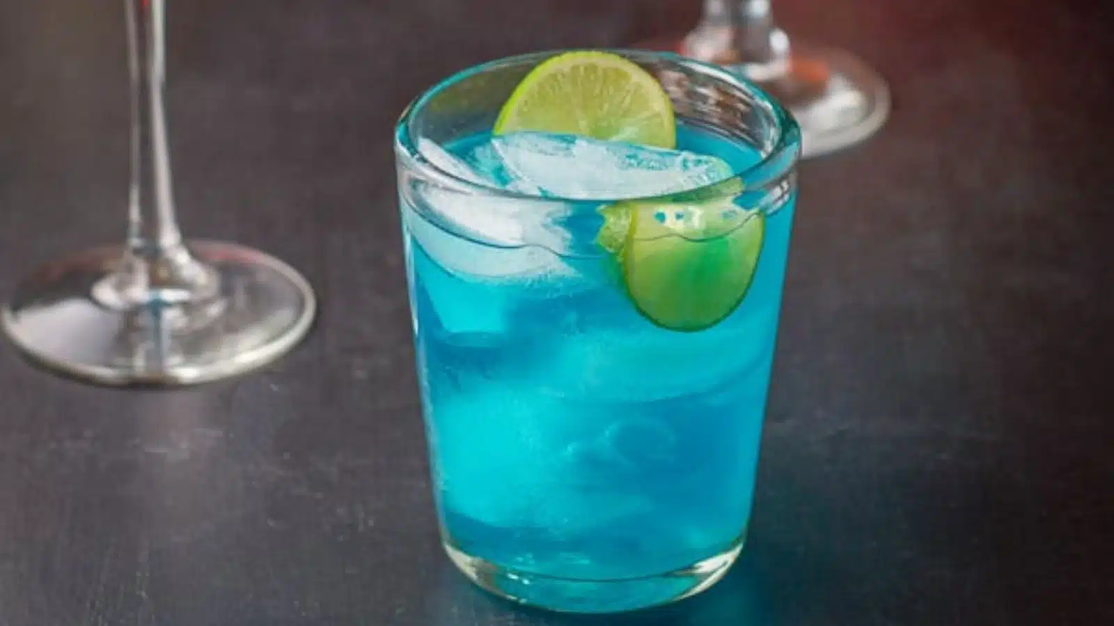 vertical view of a glass of the blue drink 
