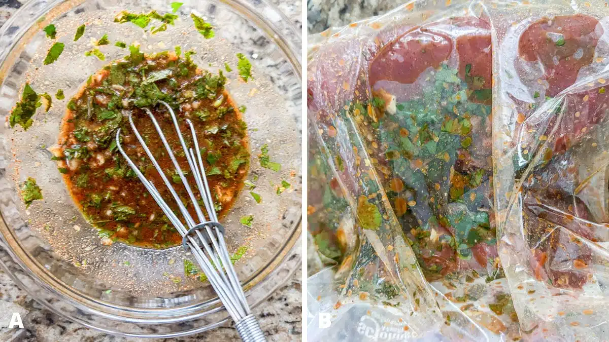 Left - glass bowl with marinade in it with a small whisk. Right - the steak and marinade in a bag to marinate