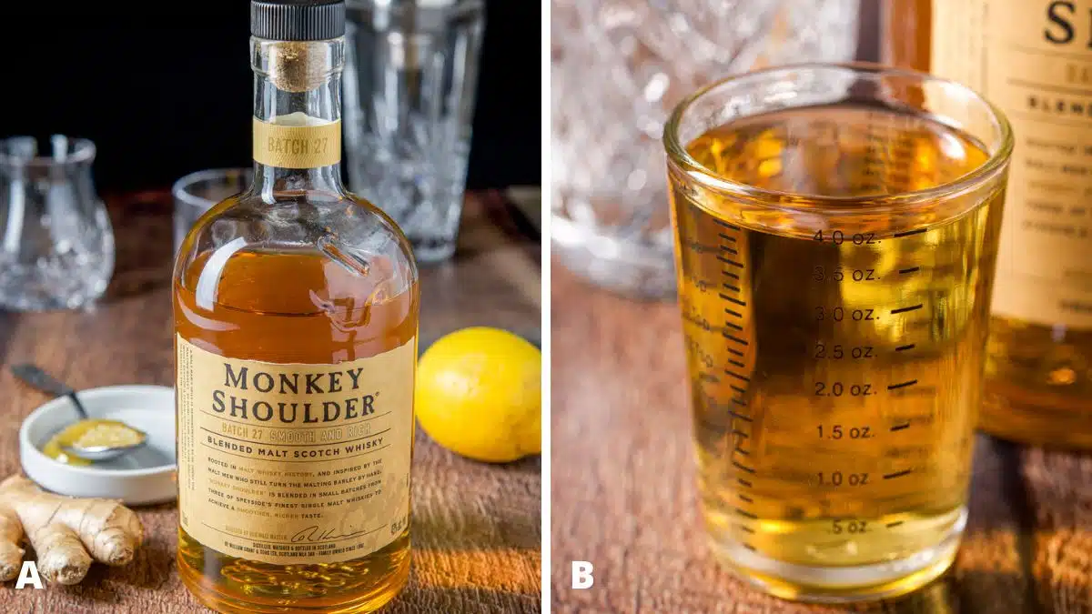 Left - scotch, lemon, ginger, and honey on a table. Right - scotch measured out