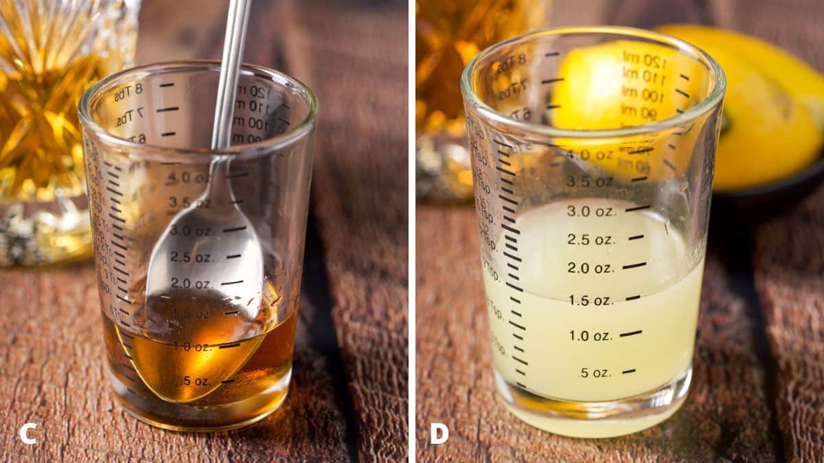 Left - ginger infused honey syrup in a measuring glass. Right - lemon juice measured ot with lemon in the back