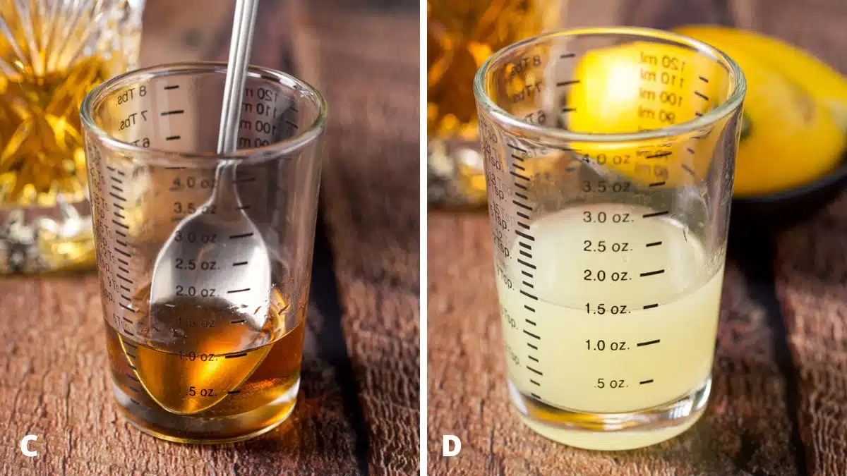 Left - ginger infused honey syrup in a measuring glass. Right - lemon juice measured ot with lemon in the back