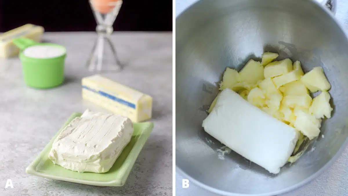 Left - Cream cheese on a green plate, butter, sugar and an egg for the cookies. Right - Overhead view of butter, cream cheese and sugar in the mixer