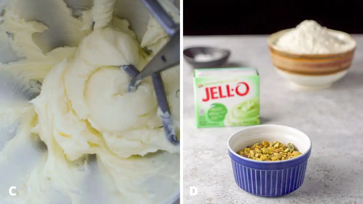 Left - Butter, cream cheese and sugar mixed together in the mixer. Right - Pistachios in a blue bowl, pudding mix, baking soda and flour