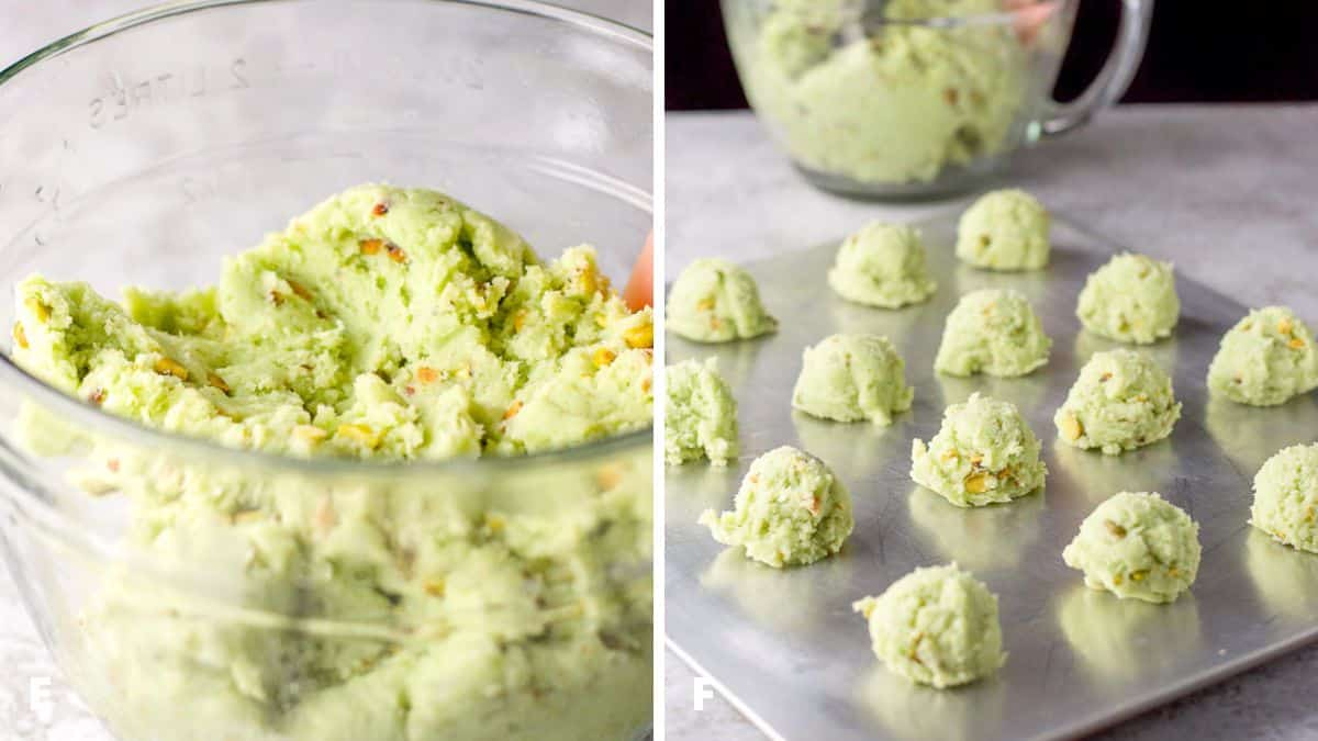 Left - A glass bowl with the cookie batter in it. Right - Balls of cookie dough on a cookie sheet with the glass bowl of dough behind it