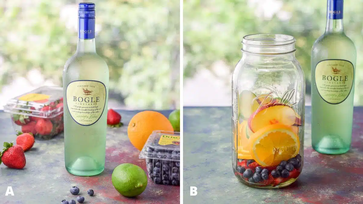 Left - White wine, lime, strawberries, blueberries, peach and an orange. Right - Fruit in a big jar and a bottle of wine to the side