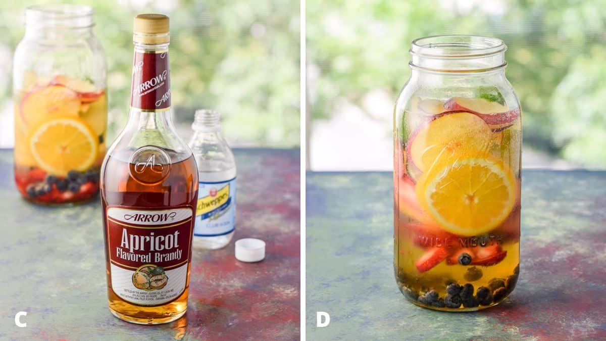 Left - Apricot brandy and club soda ready to be added into the jar with the fruit and wine poured in. Right - Wine, fruit and club soda poured into the jar ready to be made into sangria