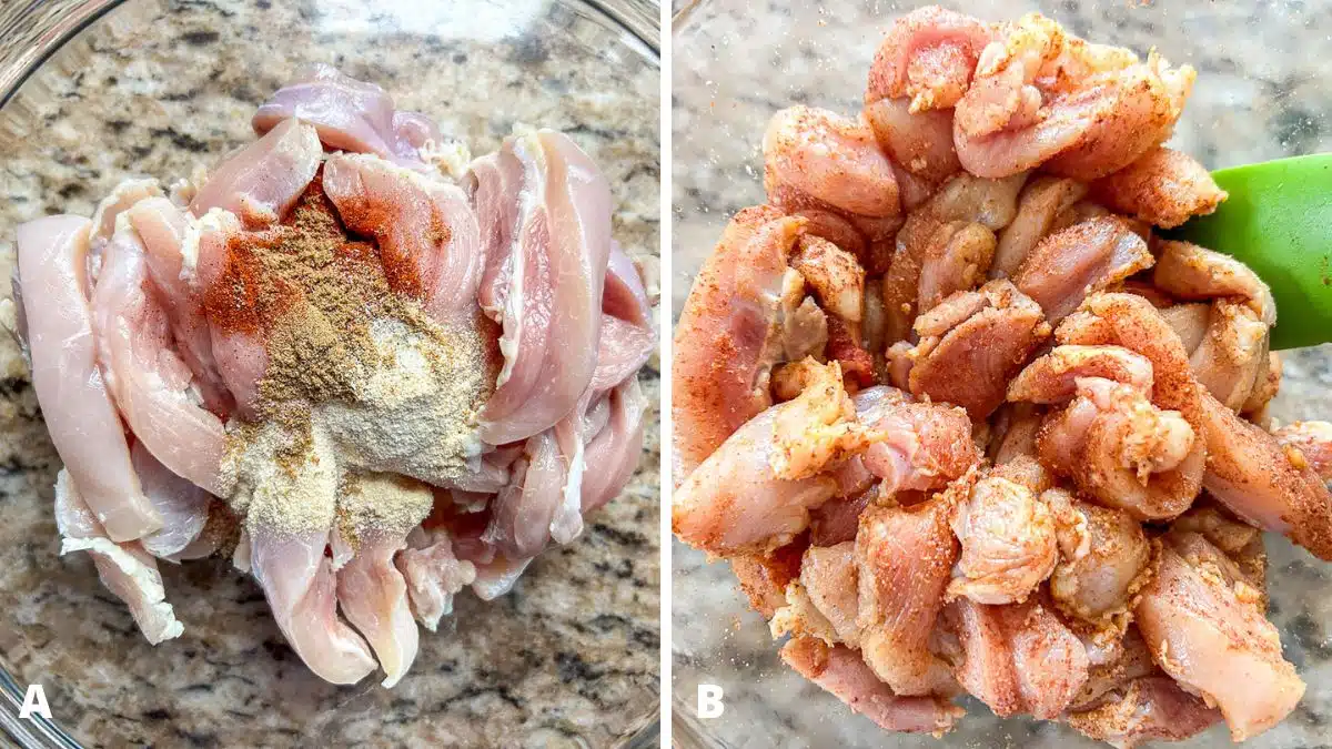 Left - sliced raw chicken in a glass bowl with spices on top. Right - the chicken mixed with the spices