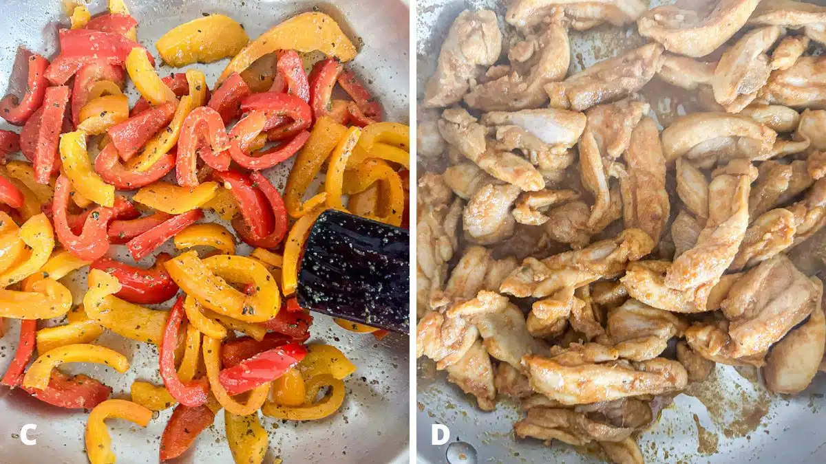 Left - red and yellow bell peppers cooked in a pan. Right - cooked chicken in a pan