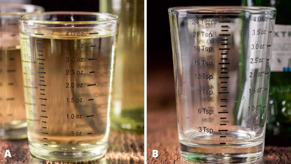 Left - jalapeno vodka measured out. Right - dry vermouth measured out